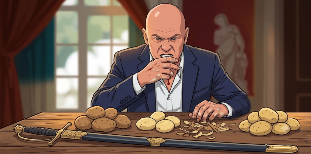 Picture 13 - A revised prompt gave a better result - a man peeling potatoes with a sword with a cut on his hand