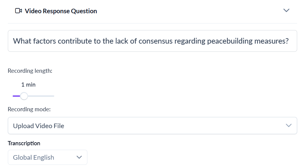 Picture 4 - Video response question setup in LingoLesson  - has the prompt, recording length, recording mode, upload video file, and transcription language