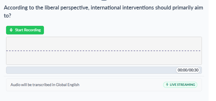 Picture 5 - Speaking task interface in LingoLesson as seen by learners - shows button with start recording, audio will be transcribed in global English