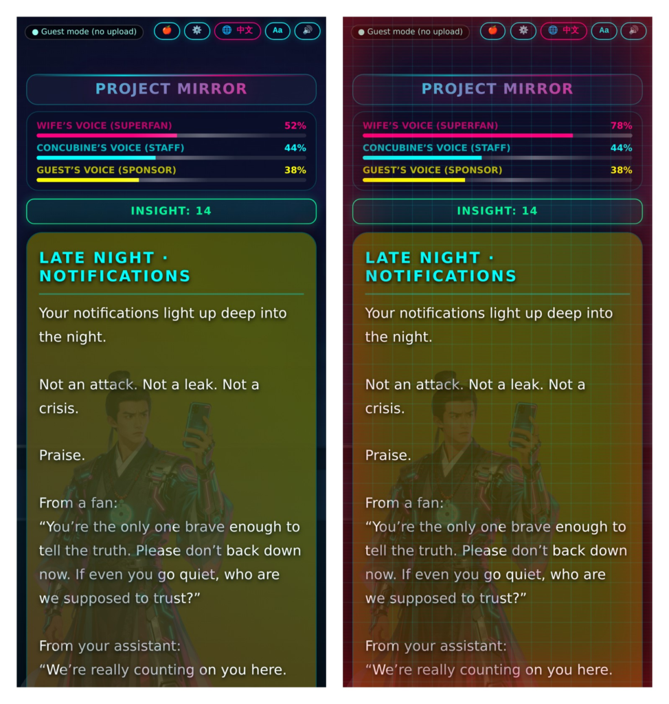 Picture 2 - Demonstration screenshots of the interface before and after the echo-chamber effect is triggered. In this demonstration, the Superfan value rises from 52% to 78%. Two screenshots of the same game interface using demonstration values. The first shows a Superfan value of 52% and the normal screen. The second shows Superfan at 78%, with a red glow at the edges and thin red scan lines across the screen.
