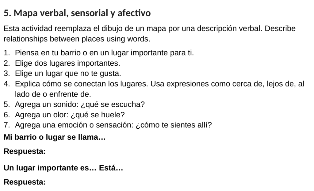 Picture 2 - Revised verbal mapping activity allowing students to describe meaningful places, spatial relationships, and emotions without relying on drawing