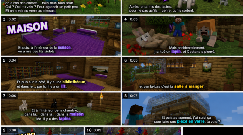 10 comic panels with Minecraft scenes that include glass buildings and rabbits and birds. Text: D’abord, dans le jardin, on a mis des choses... toun-toun-toun-toun. Oui ? Oui, tu vois ? Pour agrandir un petit peu. Et on a mis du verre au-dessus. Après, on a mis des lapins, pour ne pas qu’ils... genre, qu’ils sortent. Et puis, à l’intérieur de la maison, on a mis des lits violets. Mais accidentellement, j’ai tué un lapin, et Caetana a pleuré. Et puis sur le côté, il y a une bibliothèque, et dans le... par ici il y a un lit, et par là-bas c’est la salle à manger. Et à l’intérieur de la chambre, dans la... dans la... dans la maison, Ma, il y a des lapins. Et puis au sommet, j’ai suivi ça pour faire une pièce en verre, tu vois ? Dans cette pièce en verre, devine ce qu’on a fini par mettre ? Des OISEAUX. Plein d’OISEAUX !