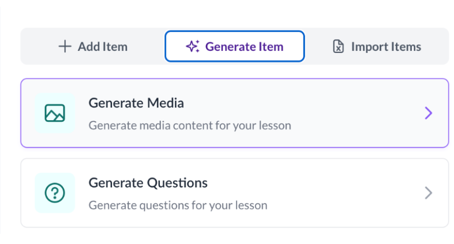 Picture 1 - LingoLesson Lesson Editor: GenAI View - Add item, generate item, import items, generate media, generate questions
