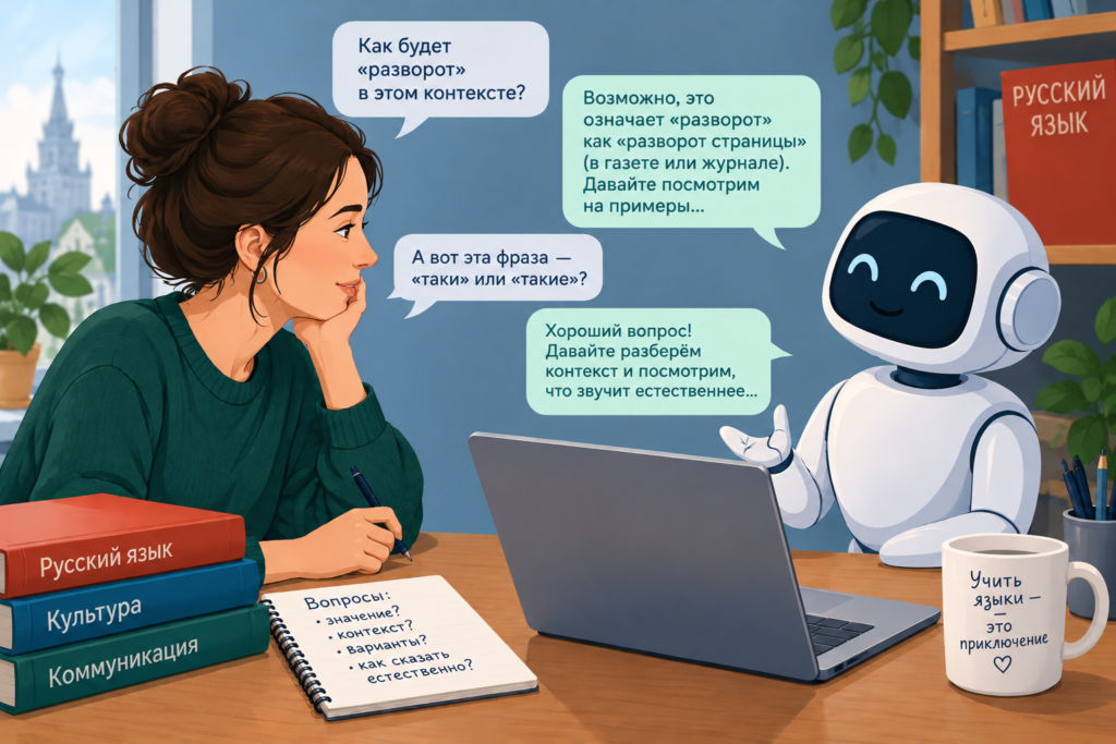 a woman talking to a chatbot in Russian