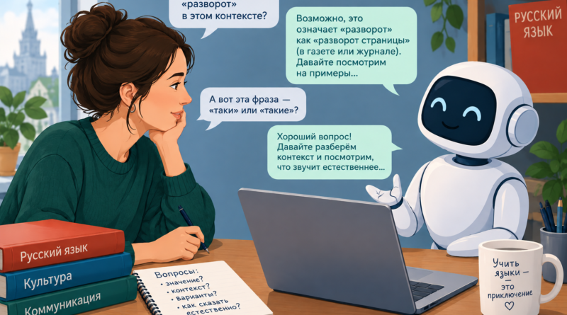 a woman talking to a chatbot in Russian